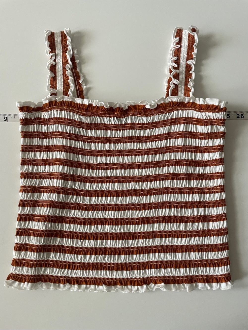 Veronica Beard Medium 100% Cotton White and Bronze Rust Striped Smocked Top